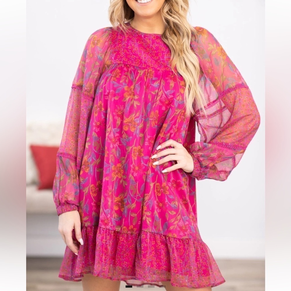 Hailey & Co Floral Boho Style Hot Pink  Long Sleeve Dress Size Medium - Picture 12 of 12